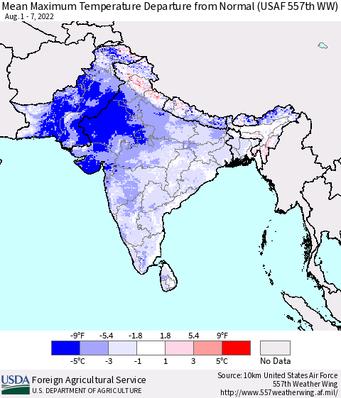 Southern Asia Mean Maximum Temperature Departure from Normal (USAF 557th WW) Thematic Map For 8/1/2022 - 8/7/2022