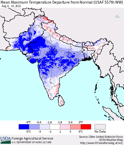 Southern Asia Mean Maximum Temperature Departure from Normal (USAF 557th WW) Thematic Map For 8/8/2022 - 8/14/2022