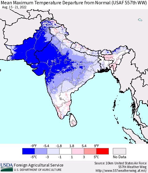 Southern Asia Mean Maximum Temperature Departure from Normal (USAF 557th WW) Thematic Map For 8/15/2022 - 8/21/2022