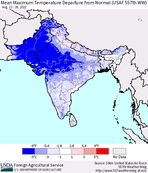 Southern Asia Mean Maximum Temperature Departure from Normal (USAF 557th WW) Thematic Map For 8/22/2022 - 8/28/2022