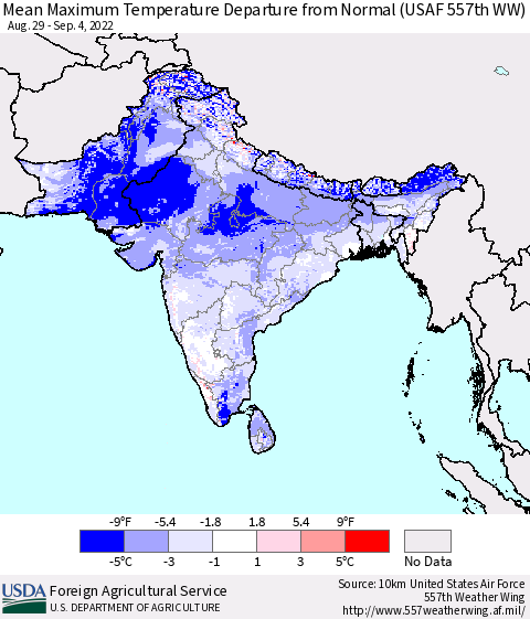 Southern Asia Mean Maximum Temperature Departure from Normal (USAF 557th WW) Thematic Map For 8/29/2022 - 9/4/2022