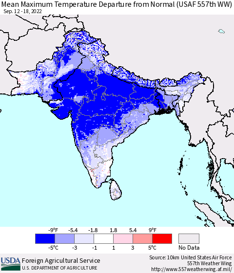 Southern Asia Mean Maximum Temperature Departure from Normal (USAF 557th WW) Thematic Map For 9/12/2022 - 9/18/2022