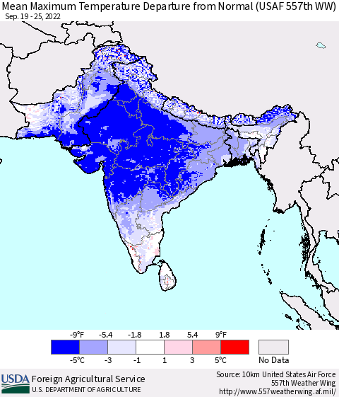 Southern Asia Mean Maximum Temperature Departure from Normal (USAF 557th WW) Thematic Map For 9/19/2022 - 9/25/2022