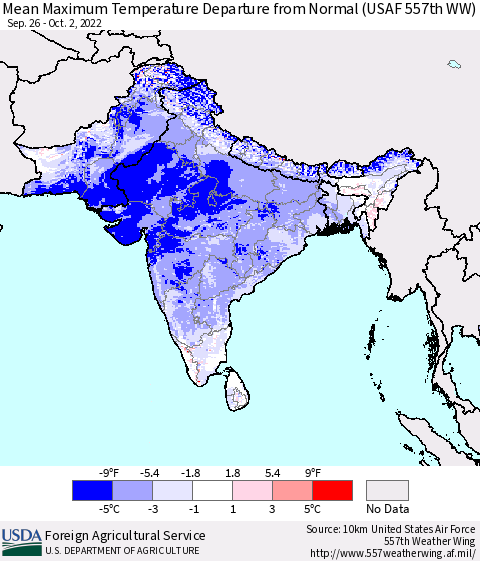 Southern Asia Mean Maximum Temperature Departure from Normal (USAF 557th WW) Thematic Map For 9/26/2022 - 10/2/2022