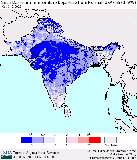 Southern Asia Mean Maximum Temperature Departure from Normal (USAF 557th WW) Thematic Map For 10/3/2022 - 10/9/2022