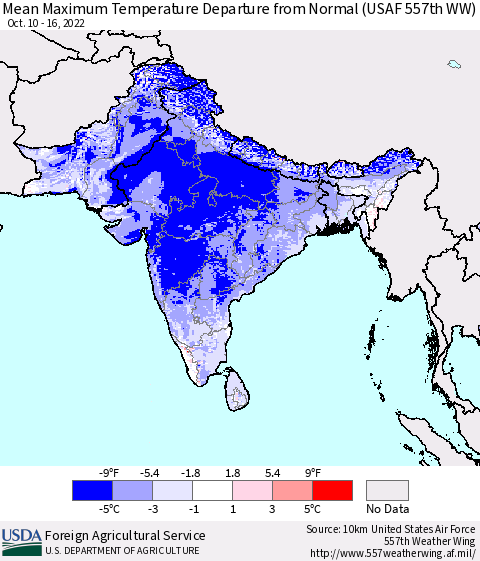Southern Asia Mean Maximum Temperature Departure from Normal (USAF 557th WW) Thematic Map For 10/10/2022 - 10/16/2022