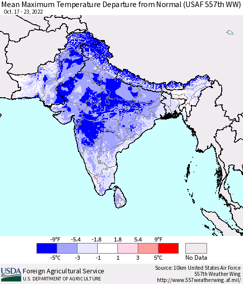 Southern Asia Mean Maximum Temperature Departure from Normal (USAF 557th WW) Thematic Map For 10/17/2022 - 10/23/2022