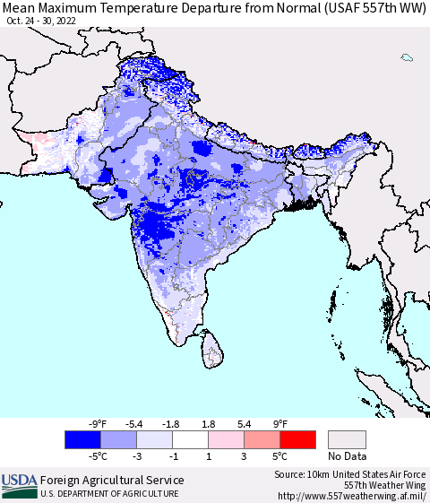 Southern Asia Mean Maximum Temperature Departure from Normal (USAF 557th WW) Thematic Map For 10/24/2022 - 10/30/2022