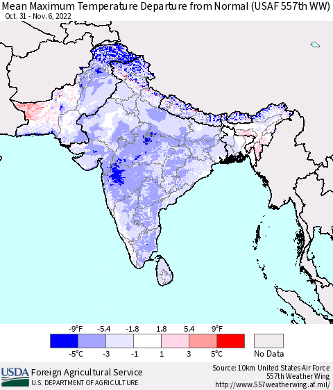 Southern Asia Mean Maximum Temperature Departure from Normal (USAF 557th WW) Thematic Map For 10/31/2022 - 11/6/2022