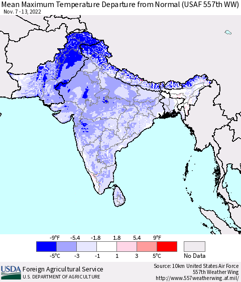 Southern Asia Mean Maximum Temperature Departure from Normal (USAF 557th WW) Thematic Map For 11/7/2022 - 11/13/2022