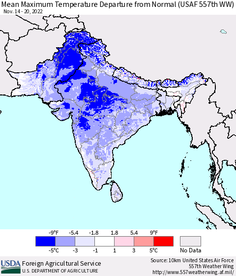 Southern Asia Mean Maximum Temperature Departure from Normal (USAF 557th WW) Thematic Map For 11/14/2022 - 11/20/2022