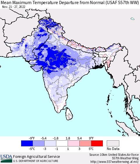 Southern Asia Mean Maximum Temperature Departure from Normal (USAF 557th WW) Thematic Map For 11/21/2022 - 11/27/2022