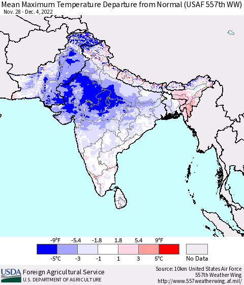 Southern Asia Mean Maximum Temperature Departure from Normal (USAF 557th WW) Thematic Map For 11/28/2022 - 12/4/2022