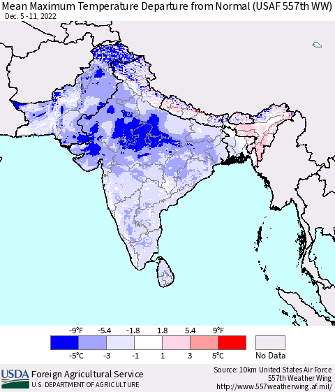 Southern Asia Mean Maximum Temperature Departure from Normal (USAF 557th WW) Thematic Map For 12/5/2022 - 12/11/2022