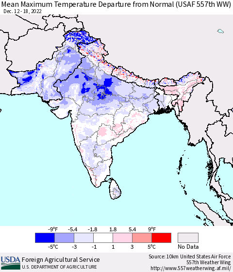Southern Asia Mean Maximum Temperature Departure from Normal (USAF 557th WW) Thematic Map For 12/12/2022 - 12/18/2022