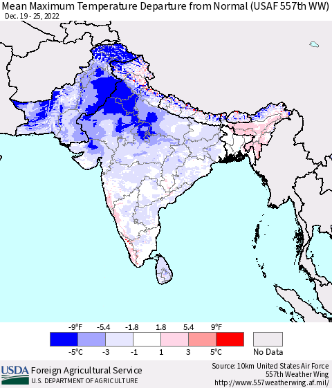 Southern Asia Mean Maximum Temperature Departure from Normal (USAF 557th WW) Thematic Map For 12/19/2022 - 12/25/2022