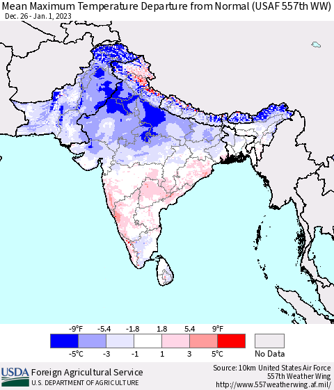 Southern Asia Mean Maximum Temperature Departure from Normal (USAF 557th WW) Thematic Map For 12/26/2022 - 1/1/2023