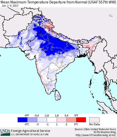 Southern Asia Mean Maximum Temperature Departure from Normal (USAF 557th WW) Thematic Map For 1/2/2023 - 1/8/2023