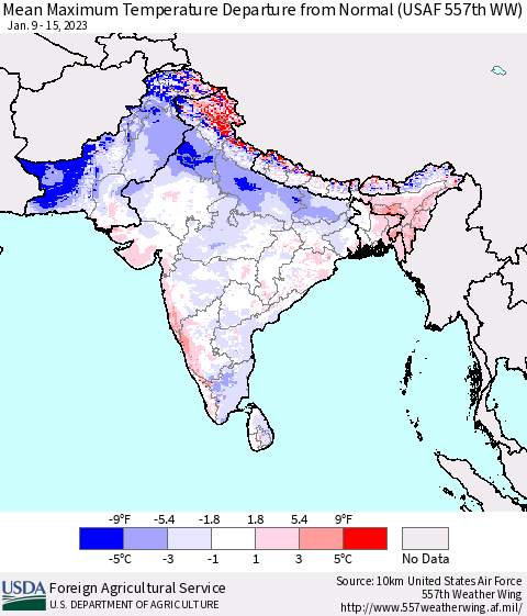 Southern Asia Mean Maximum Temperature Departure from Normal (USAF 557th WW) Thematic Map For 1/9/2023 - 1/15/2023