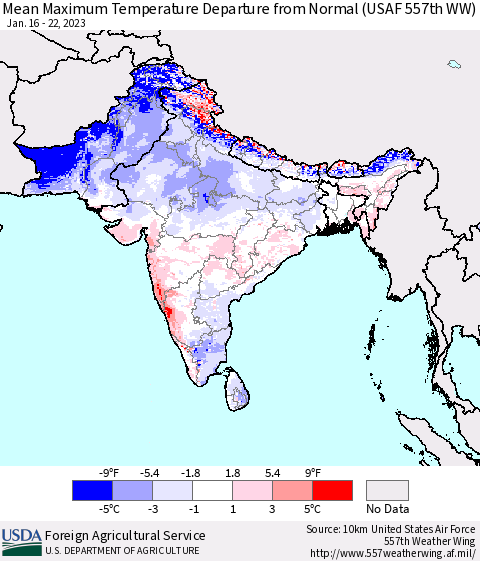 Southern Asia Mean Maximum Temperature Departure from Normal (USAF 557th WW) Thematic Map For 1/16/2023 - 1/22/2023