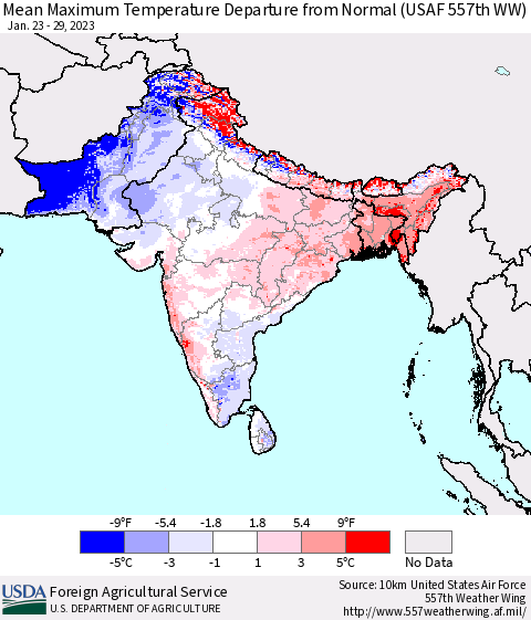 Southern Asia Mean Maximum Temperature Departure from Normal (USAF 557th WW) Thematic Map For 1/23/2023 - 1/29/2023