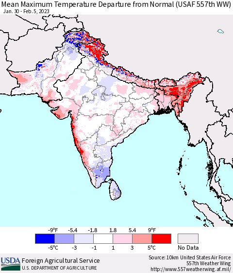 Southern Asia Mean Maximum Temperature Departure from Normal (USAF 557th WW) Thematic Map For 1/30/2023 - 2/5/2023