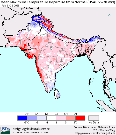 Southern Asia Mean Maximum Temperature Departure from Normal (USAF 557th WW) Thematic Map For 2/6/2023 - 2/12/2023