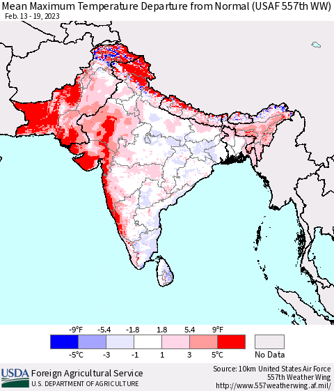 Southern Asia Mean Maximum Temperature Departure from Normal (USAF 557th WW) Thematic Map For 2/13/2023 - 2/19/2023