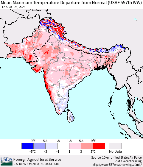 Southern Asia Mean Maximum Temperature Departure from Normal (USAF 557th WW) Thematic Map For 2/20/2023 - 2/26/2023