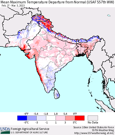 Southern Asia Mean Maximum Temperature Departure from Normal (USAF 557th WW) Thematic Map For 2/27/2023 - 3/5/2023
