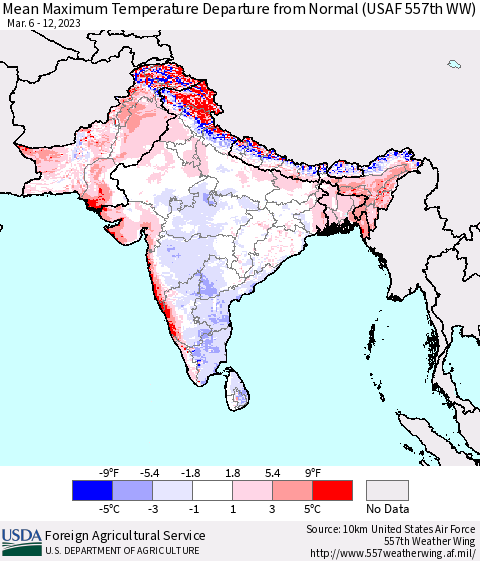 Southern Asia Mean Maximum Temperature Departure from Normal (USAF 557th WW) Thematic Map For 3/6/2023 - 3/12/2023