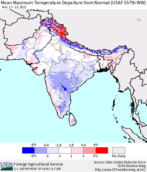 Southern Asia Mean Maximum Temperature Departure from Normal (USAF 557th WW) Thematic Map For 3/13/2023 - 3/19/2023