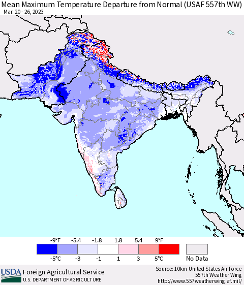 Southern Asia Mean Maximum Temperature Departure from Normal (USAF 557th WW) Thematic Map For 3/20/2023 - 3/26/2023