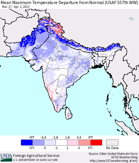 Southern Asia Mean Maximum Temperature Departure from Normal (USAF 557th WW) Thematic Map For 3/27/2023 - 4/2/2023
