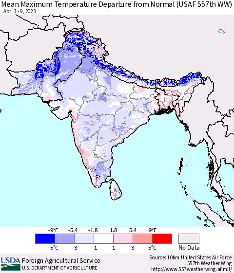 Southern Asia Mean Maximum Temperature Departure from Normal (USAF 557th WW) Thematic Map For 4/3/2023 - 4/9/2023