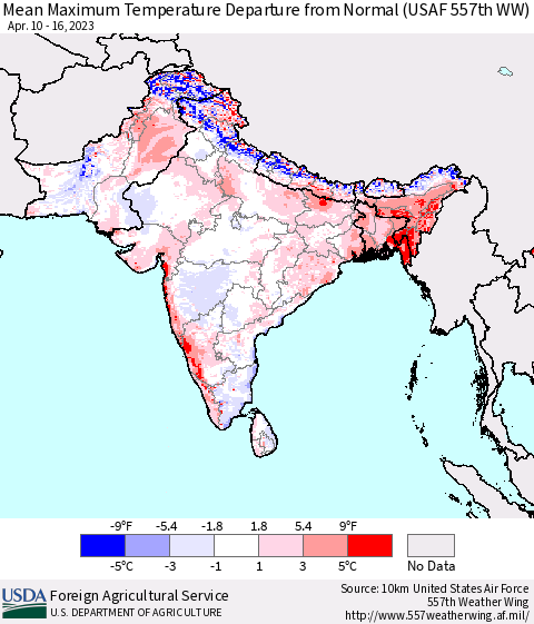 Southern Asia Mean Maximum Temperature Departure from Normal (USAF 557th WW) Thematic Map For 4/10/2023 - 4/16/2023