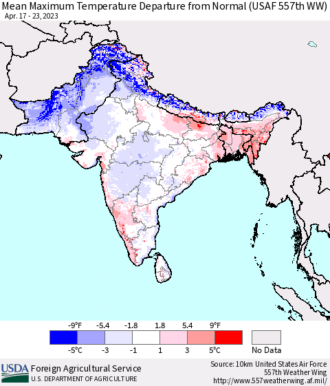 Southern Asia Mean Maximum Temperature Departure from Normal (USAF 557th WW) Thematic Map For 4/17/2023 - 4/23/2023