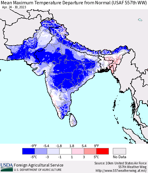 Southern Asia Mean Maximum Temperature Departure from Normal (USAF 557th WW) Thematic Map For 4/24/2023 - 4/30/2023