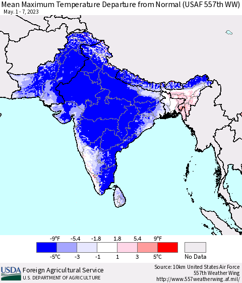 Southern Asia Mean Maximum Temperature Departure from Normal (USAF 557th WW) Thematic Map For 5/1/2023 - 5/7/2023