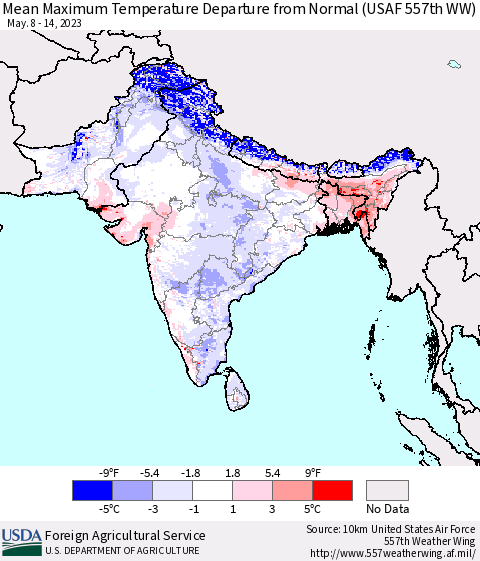 Southern Asia Mean Maximum Temperature Departure from Normal (USAF 557th WW) Thematic Map For 5/8/2023 - 5/14/2023