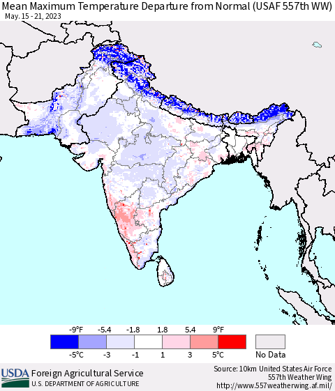 Southern Asia Mean Maximum Temperature Departure from Normal (USAF 557th WW) Thematic Map For 5/15/2023 - 5/21/2023