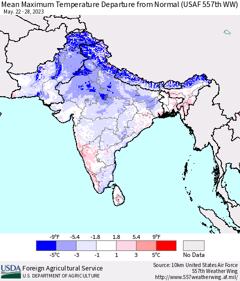 Southern Asia Mean Maximum Temperature Departure from Normal (USAF 557th WW) Thematic Map For 5/22/2023 - 5/28/2023