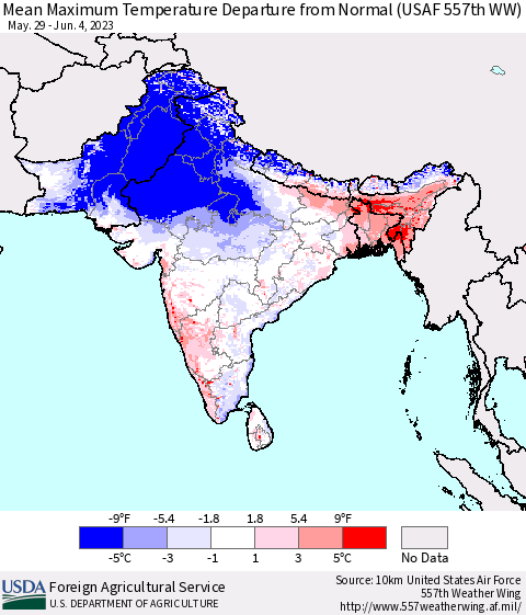 Southern Asia Mean Maximum Temperature Departure from Normal (USAF 557th WW) Thematic Map For 5/29/2023 - 6/4/2023
