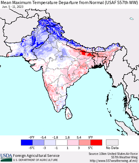 Southern Asia Mean Maximum Temperature Departure from Normal (USAF 557th WW) Thematic Map For 6/5/2023 - 6/11/2023