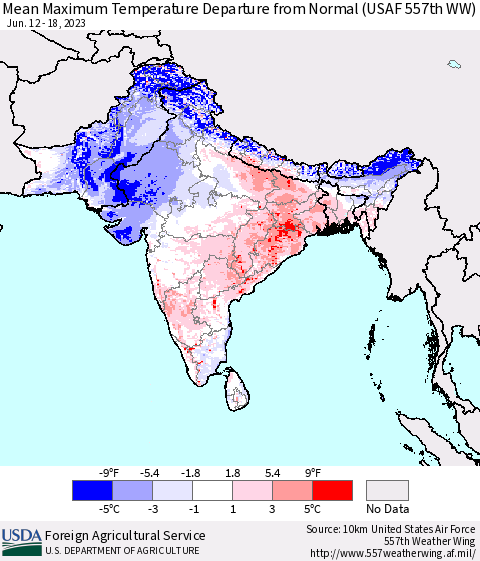 Southern Asia Mean Maximum Temperature Departure from Normal (USAF 557th WW) Thematic Map For 6/12/2023 - 6/18/2023