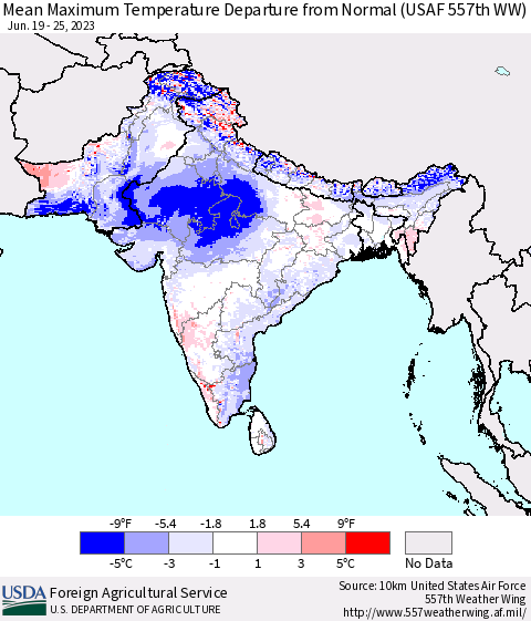 Southern Asia Mean Maximum Temperature Departure from Normal (USAF 557th WW) Thematic Map For 6/19/2023 - 6/25/2023