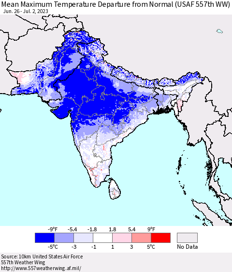 Southern Asia Mean Maximum Temperature Departure from Normal (USAF 557th WW) Thematic Map For 6/26/2023 - 7/2/2023