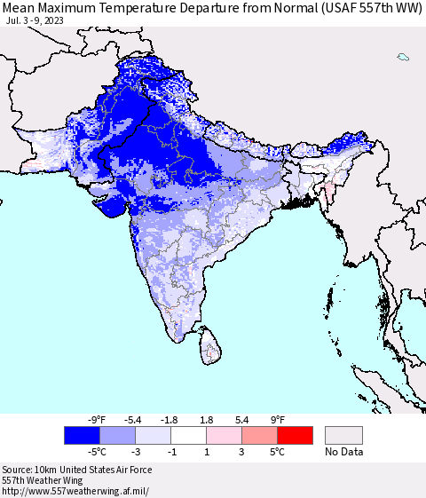 Southern Asia Mean Maximum Temperature Departure from Normal (USAF 557th WW) Thematic Map For 7/3/2023 - 7/9/2023