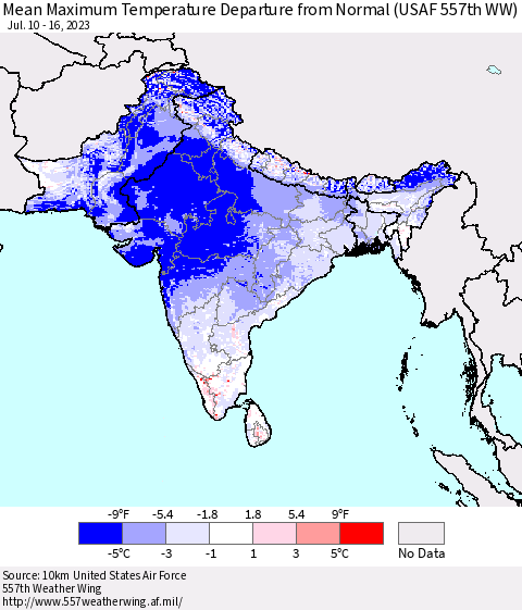 Southern Asia Mean Maximum Temperature Departure from Normal (USAF 557th WW) Thematic Map For 7/10/2023 - 7/16/2023