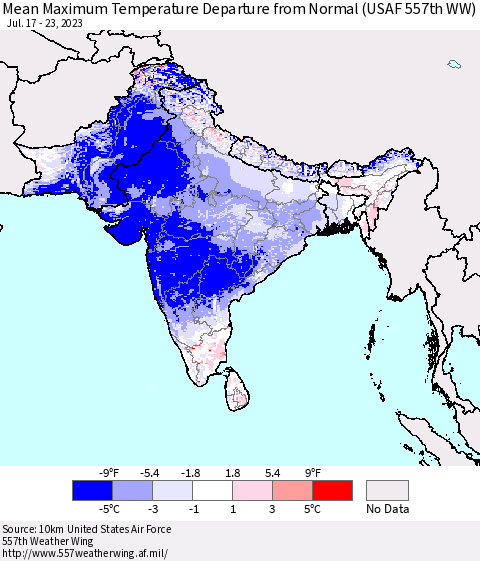 Southern Asia Mean Maximum Temperature Departure from Normal (USAF 557th WW) Thematic Map For 7/17/2023 - 7/23/2023